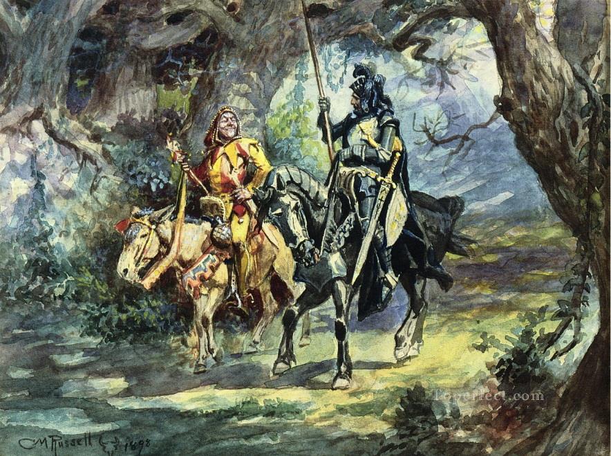 chevalier et bouffon 1896 Charles Marion Russell Amérindiens Peintures à l'huile